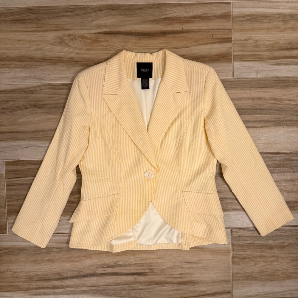 Smythe Les Vestes Yellow White Striped Seersucker Blazer Size 12 Made in Canada